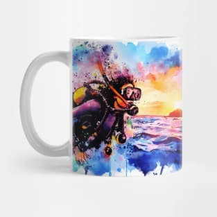 Artistic illustration of a beach scene of girl scuba diving Mug